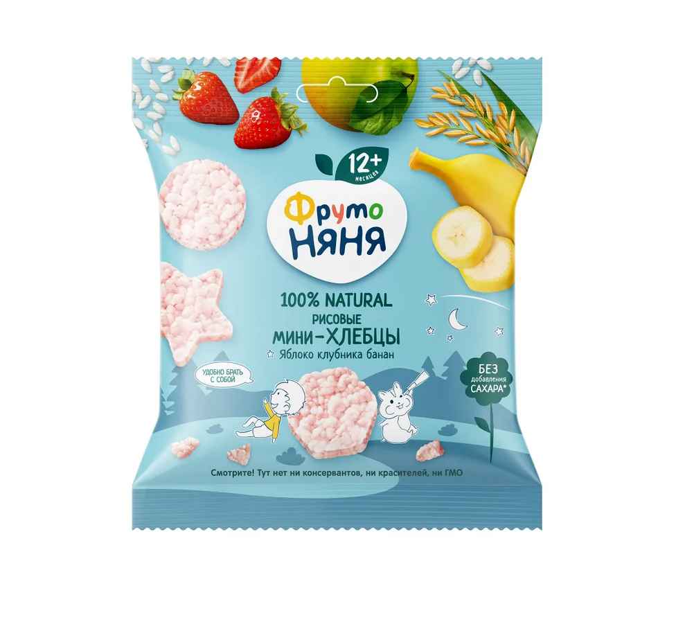 ФрутоНяня /30 гр/ Мини-хлебцы Рисовые с яблоком, клубникой, бананом и пребиотиком