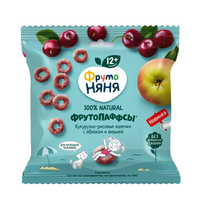 ФрутоНяня /21 гр/ ФрутоПаффсы Кукурузно-рисовые колечки с Яблоком и вишней