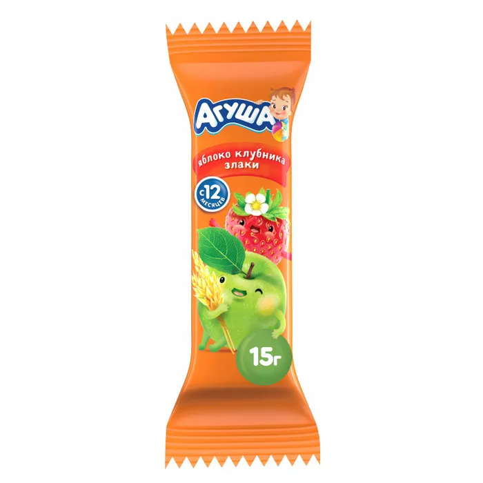 АГУША Батончик фруктовый /15г/ Яблоко клубника 3 злака 0,54%, 18 шт.