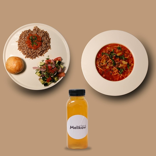 Лагман, гречка, овощной салат, булочка, компот